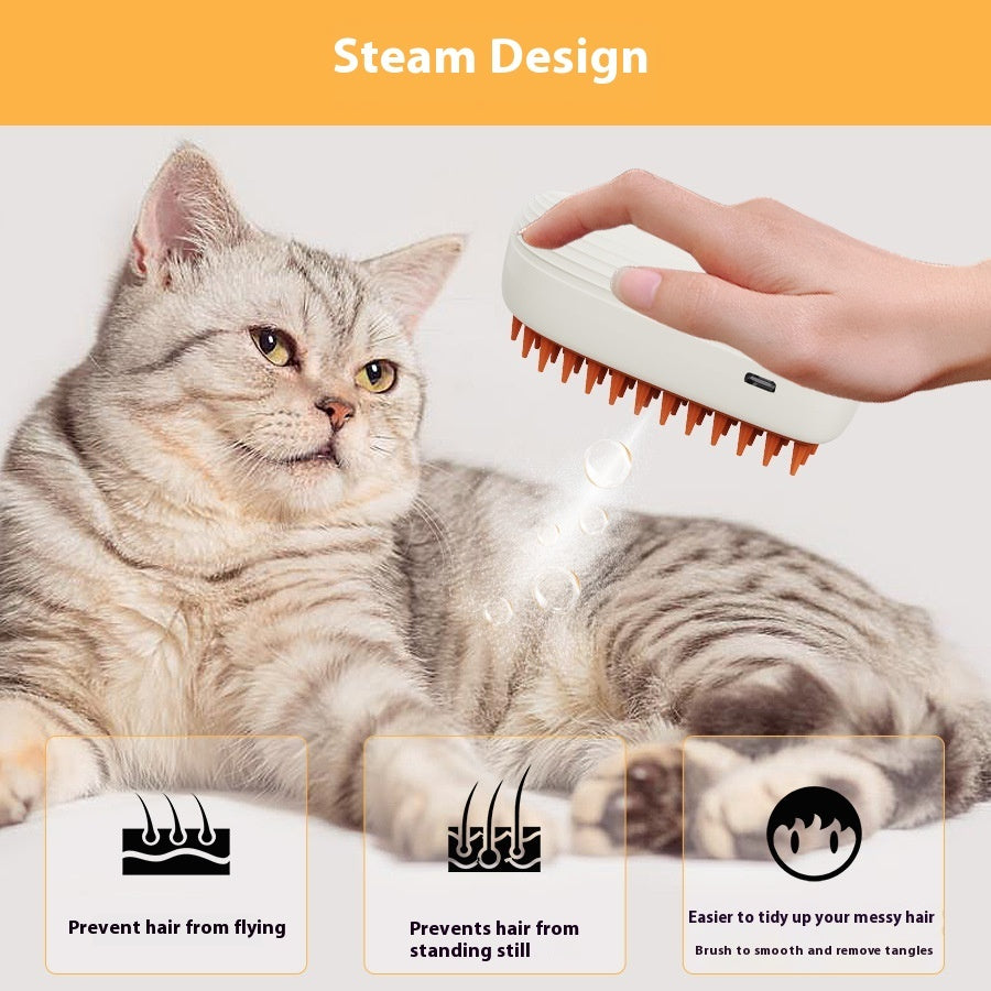 USB rechargeable pet brush by Shopi Vella being used to groom a gray tabby cat with steam design features