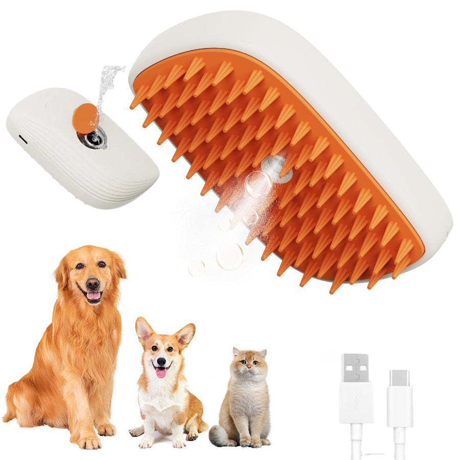 Shopi Vella USB rechargeable pet brush with soft orange silicone bristles and USB charging cable for pets