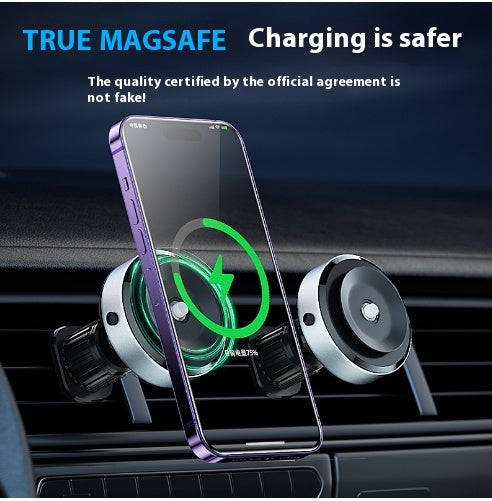 Shopi Vella vacuum adsorption phone holder mounted on car air vent holding a smartphone with safe Magsafe charging
