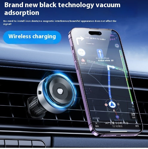Shopi Vella vacuum adsorption phone holder mounted on car air vent with wireless charging feature