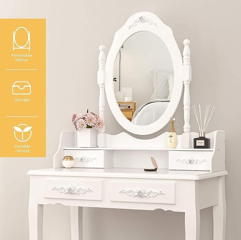 Shopi Vella white vanity table with reversible mirror and storage in girls bedroom furniture set