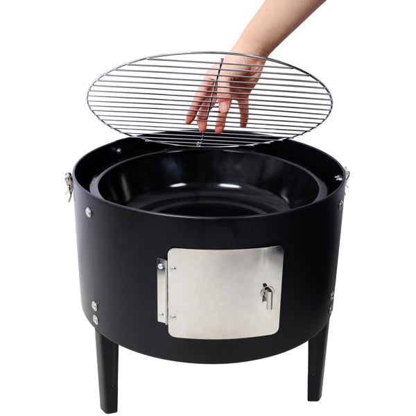 Shopi Vella 17 inch charcoal smoker grill with black round body and removable grilling rack