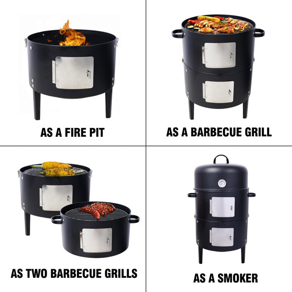 Shopi Vella 17 inch charcoal smoker grill shown as fire pit, barbecue grill, two grills, and smoker