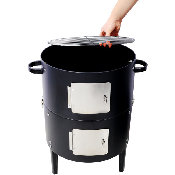 Shopi Vella 17 inch charcoal smoker grill with black metal body and removable cooking grate