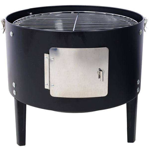 Shopi Vella 17 inch charcoal smoker grill in black with metal door and cooking grate for outdoor cooking
