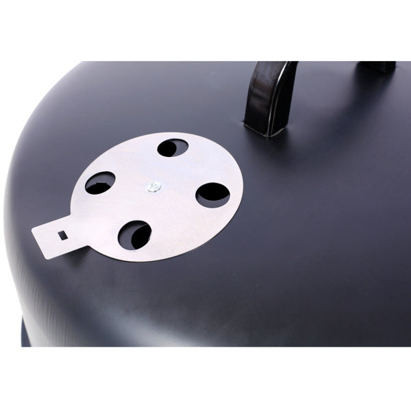 Close-up of adjustable air vent on 17 inch charcoal smoker grill by Shopi Vella for temperature control