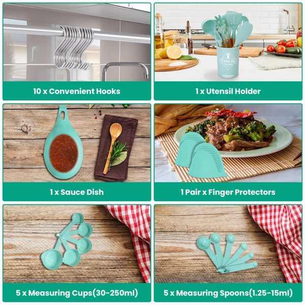 35 piece kitchen utensil set by Shopi Vella with hooks, utensil holder, sauce dish, finger protectors, measuring cups, and spoons