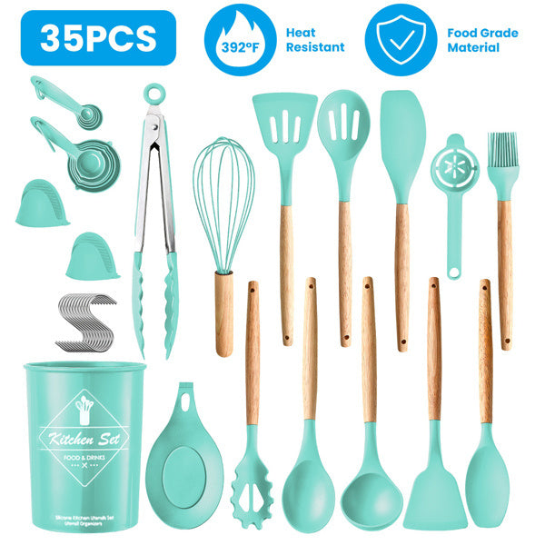 35 piece kitchen utensil set with teal silicone heads and wooden handles, heat resistant and food grade material