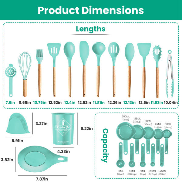 Shopi Vella 35 piece kitchen utensil set with wooden handles and teal measuring cups for home storage