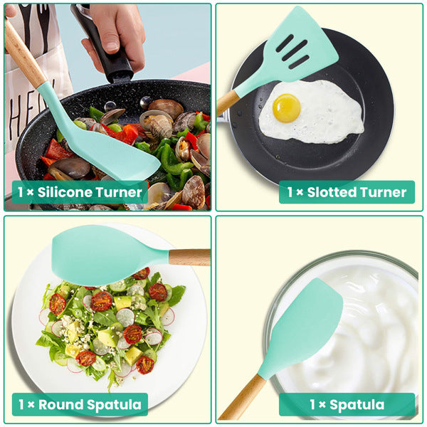 35 piece kitchen utensil set by Shopi Vella featuring silicone turner, slotted turner, round spatula, and regular spatula in pastel green