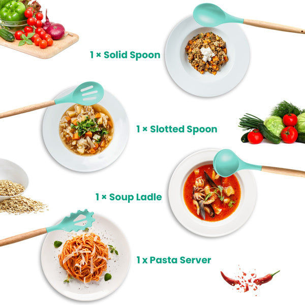 35 piece kitchen utensil set from Shopi Vella featuring solid spoon slotted spoon soup ladle and pasta server