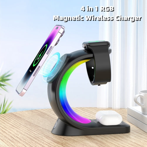 Shopi Vella 4 in 1 magnetic wireless charger with RGB lighting charging phone smartwatch and earbuds