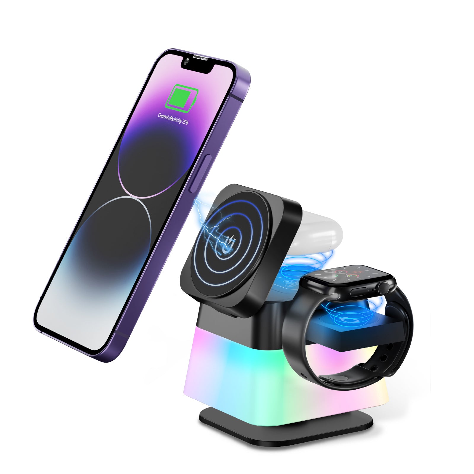 Shopi Vella 4 in 1 wireless charger stand with colorful base charging smartphone smartwatch earbuds