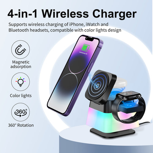 Shopi Vella 4 in 1 wireless charger stand with magnetic adsorption color lights and 360 rotation