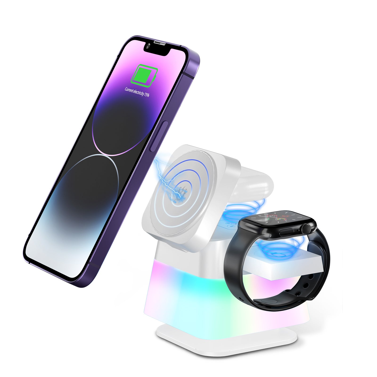 Shopi Vella 4 in 1 wireless charger stand charging a smartphone and smartwatch with colorful LED light base