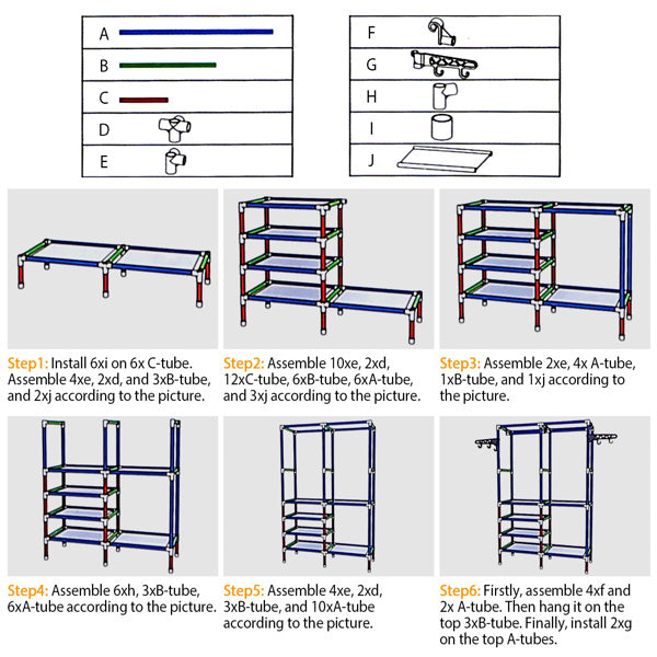 Step-by-step assembly instructions for Shopi Vella 4-layer closet organizer shelf with labeled tubes and connectors