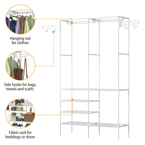 Shopi Vella 4-layer closet organizer shelf with hanging rod, side hooks, and fabric racks for clothes and bags