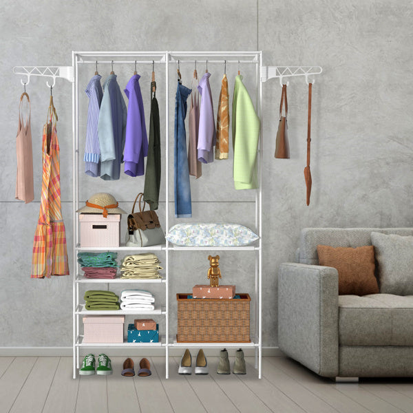 Shopi Vella 4-layer closet organizer shelf with hanging clothes, folded items, and storage boxes in a modern room