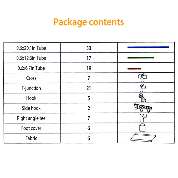 Package contents list for Shopi Vella 4-layer closet organizer shelf including tubes, connectors, hooks, foot covers, and fabric panels
