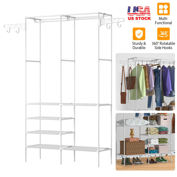 Shopi Vella 4-layer closet organizer shelf with sturdy white metal frame and rotatable side hooks for clothing storage