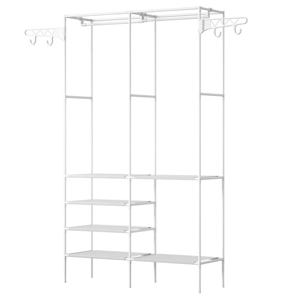 Shopi Vella 4-layer closet organizer shelf in white metal frame with multiple shelves and hanging hooks