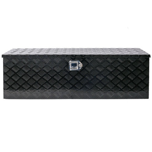 Shopi Vella 48 inch aluminum truck tool box with black diamond plate design and secure locking latch