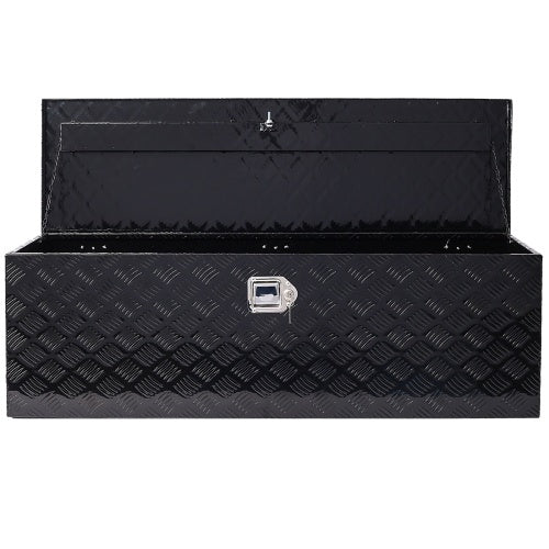 Shopi Vella 48 inch aluminum truck tool box in black with diamond plate texture and open lid