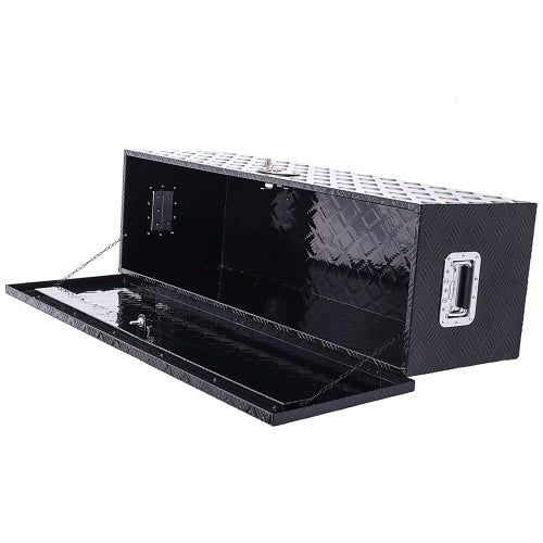 Shopi Vella 48 inch aluminum truck tool box in black with open lid and metal handles