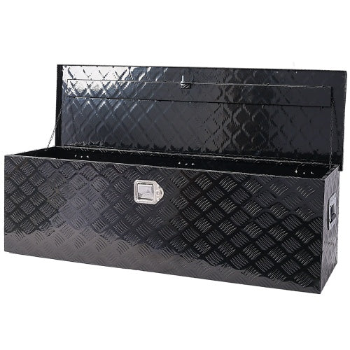 Shopi Vella 48 inch aluminum truck tool box in black with diamond plate pattern and open lid