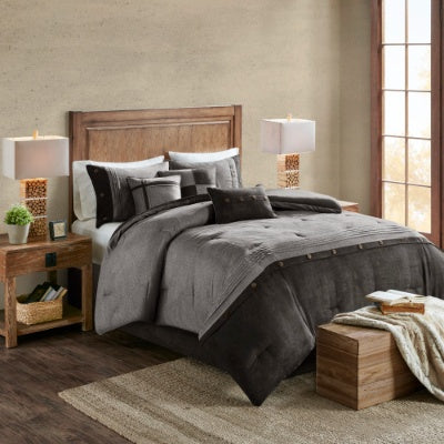 Shopi Vella 7 piece faux suede comforter set in dark gray on bed with matching pillows
