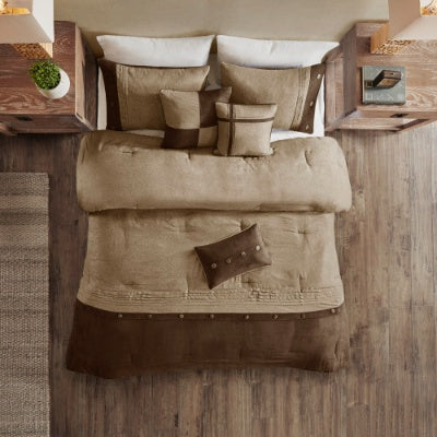 Shopi Vella 7 piece faux suede comforter set in brown and beige tones on bed with matching pillows