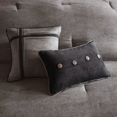 Shopi Vella 7 piece faux suede comforter set featuring decorative pillows with button and cross stitch details