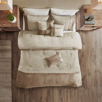 Shopi Vella 7 piece faux suede comforter set in beige and brown tones on wooden floor bedroom