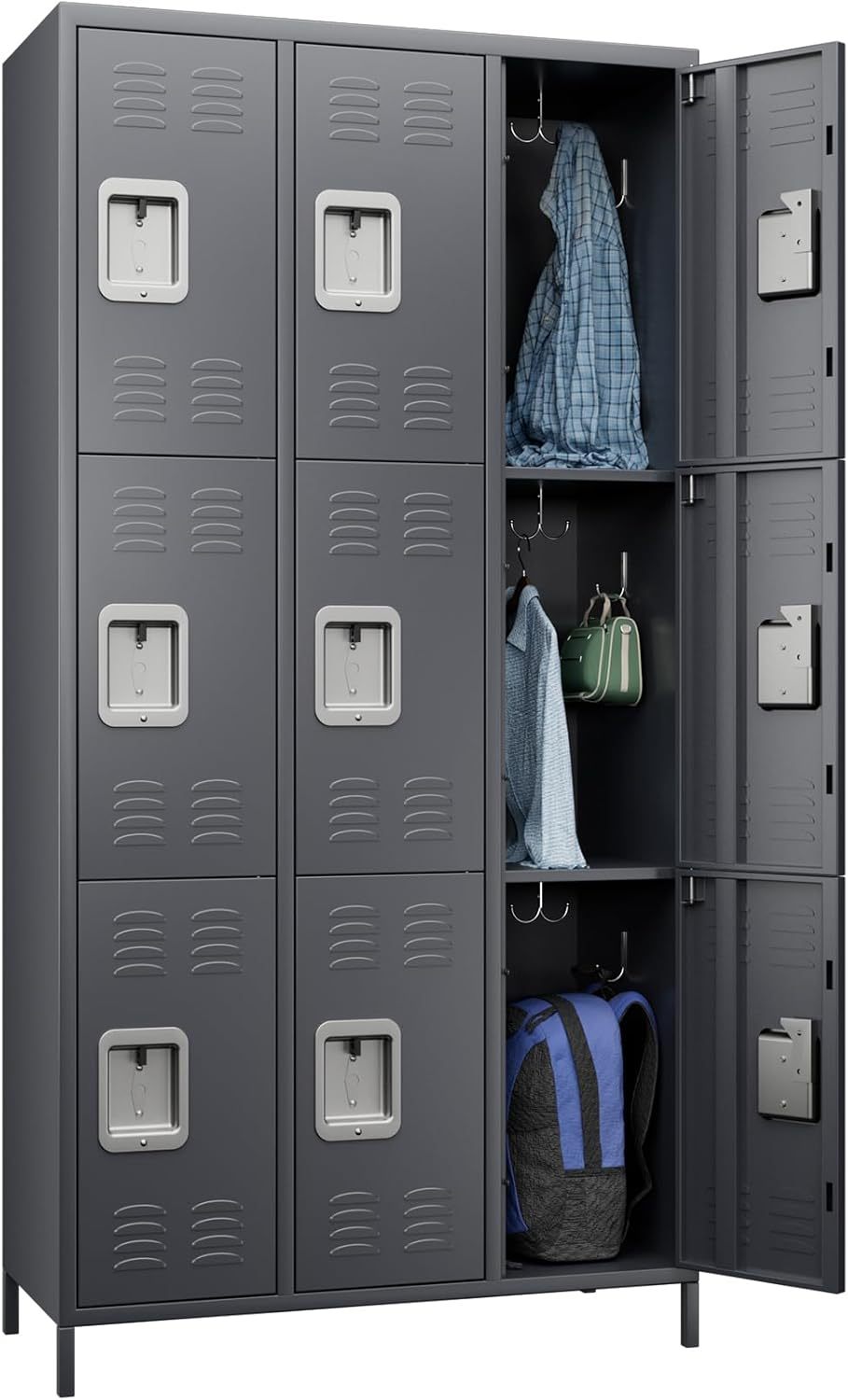 Shopi Vella 9 door metal storage locker in gray with open doors showing hanging clothes and bag storage