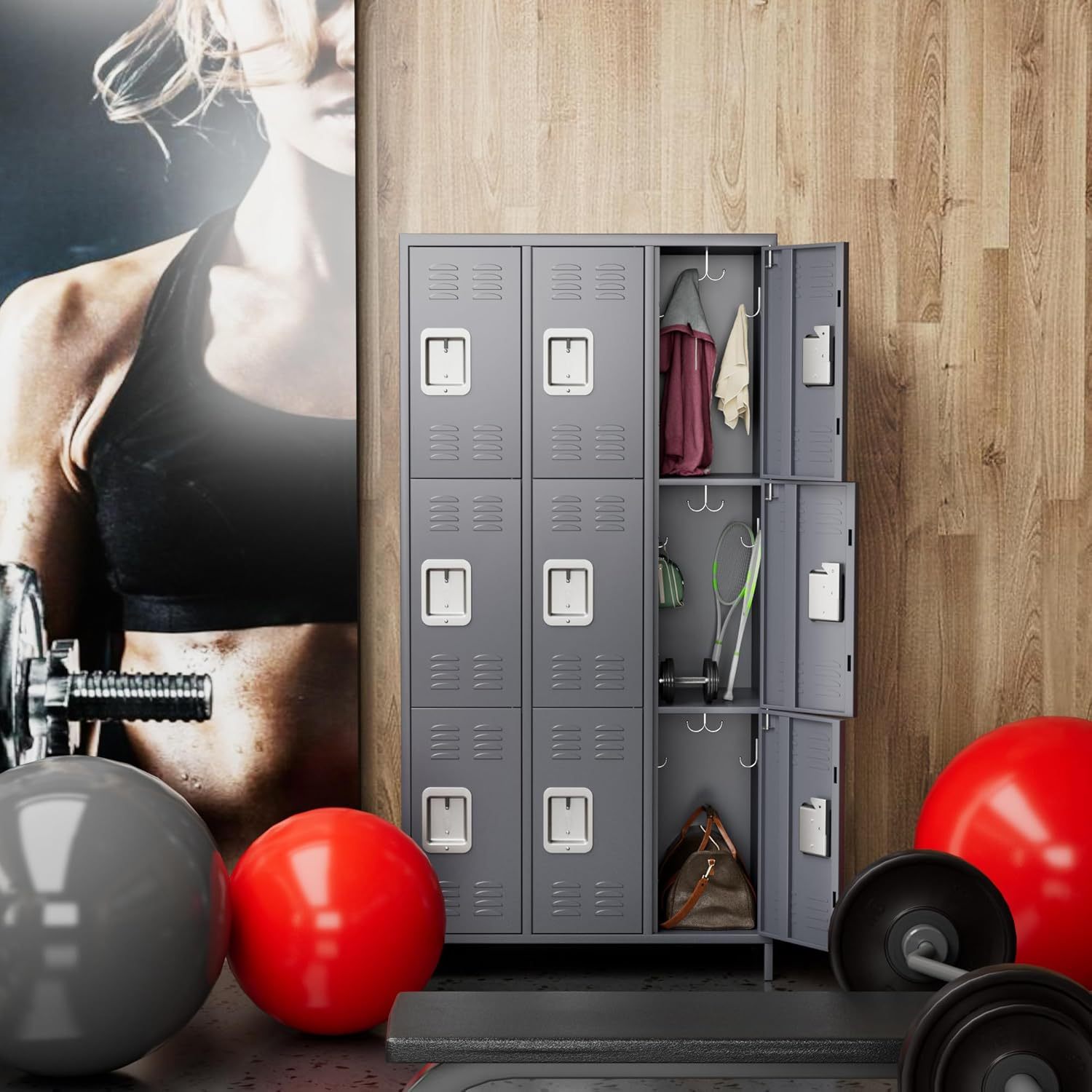 Shopi Vella 9 door metal storage locker in gray with open compartments showing clothing and gym accessories
