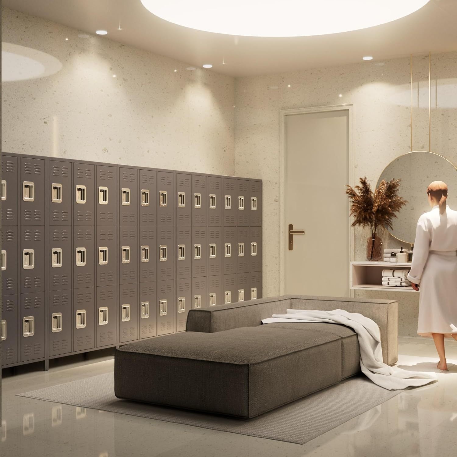 Shopi Vella 9 door metal storage locker in a modern dressing room with seating and mirror