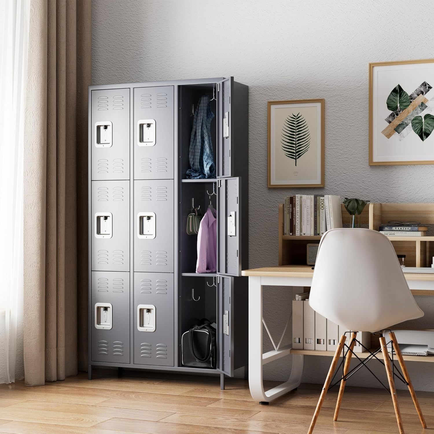 Shopi Vella 9 door metal storage locker in gray with clothes and accessories inside in a modern home office