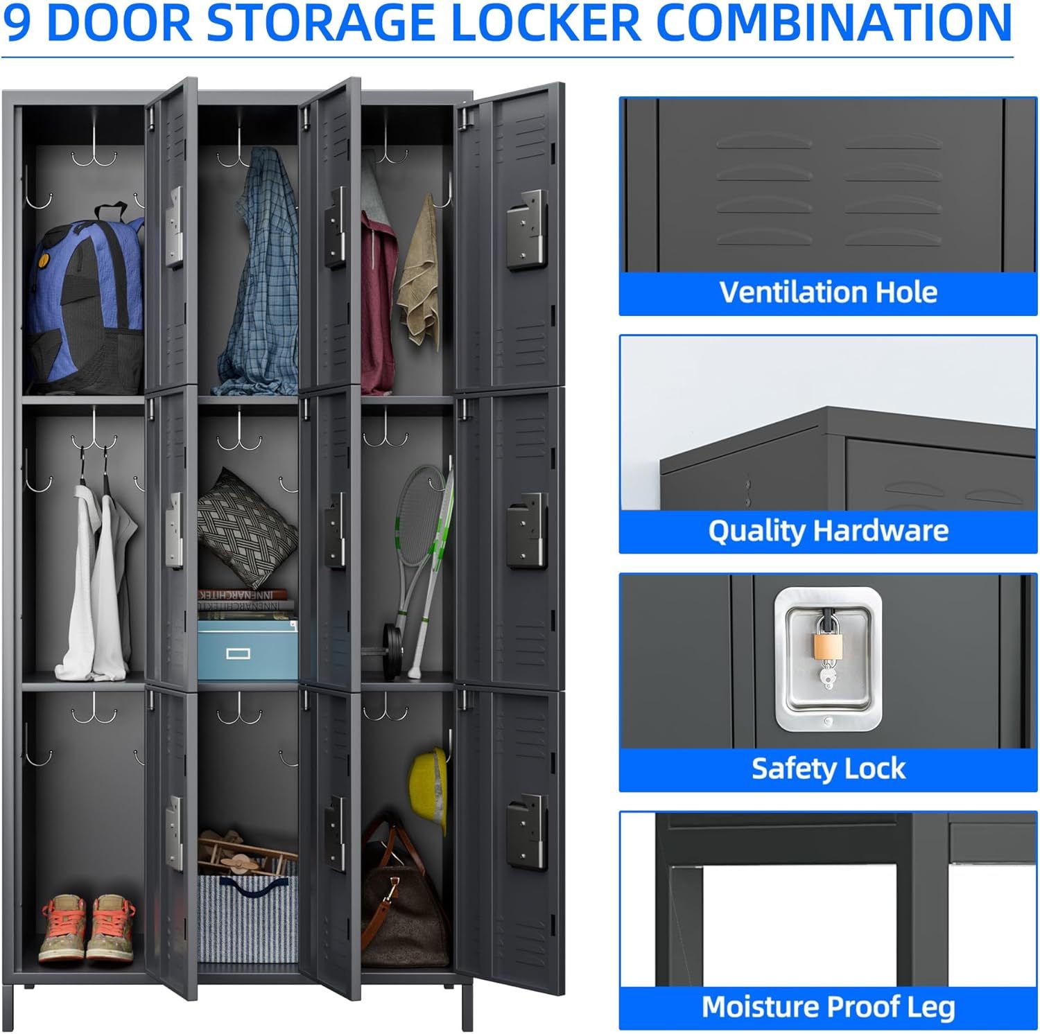 Shopi Vella 9 door metal storage locker with ventilation holes safety locks and moisture proof legs