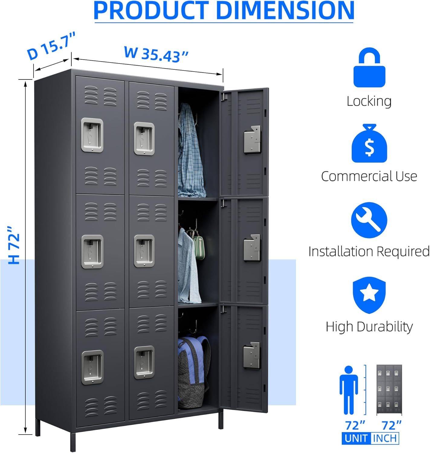 Shopi Vella 9 door metal storage locker in black with locking doors and high durability for clothing storage