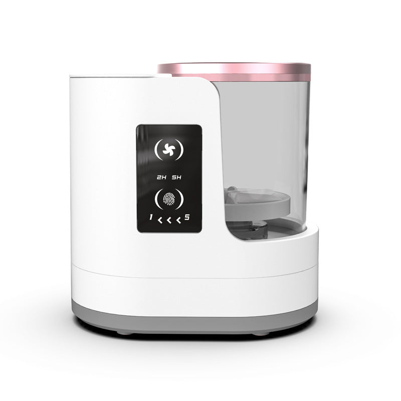 Shopi Vella automatic makeup brush cleaning device in white with touchscreen controls and transparent brush holder