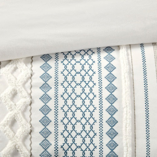 Shopi Vella cal king chenille duvet set with white and blue geometric pattern and textured details