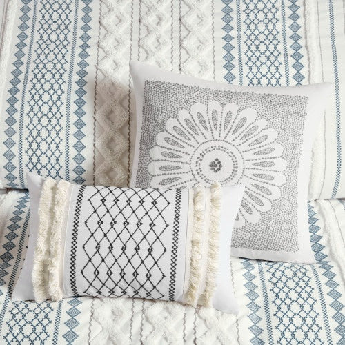 Shopi Vella cal king chenille duvet set with textured white and blue geometric patterns and decorative pillows