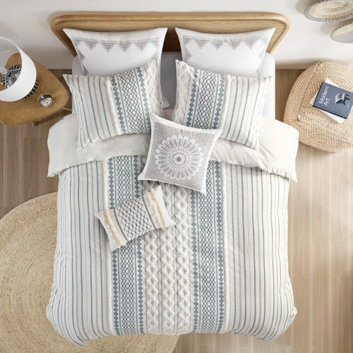 Shopi Vella cal king chenille duvet set with striped textured design and decorative pillows on bed