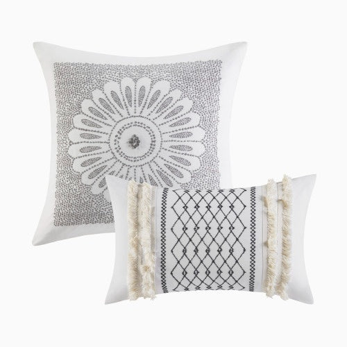 Shopi Vella cal king chenille duvet set decorative pillows with intricate black and white patterns