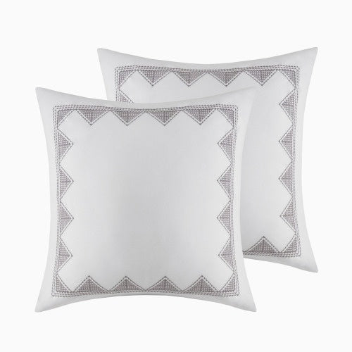 Shopi Vella cal king chenille duvet set with white decorative pillows featuring gray geometric border