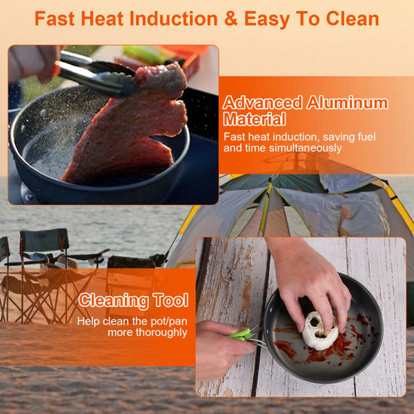 Campfire cookware set for hiking with advanced aluminum pot, easy heat induction and cleaning tool shown outdoors near a tent