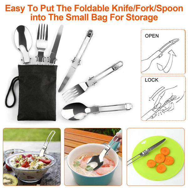 Campfire cookware set for hiking including foldable knife fork and spoon with black storage bag by Shopi Vella