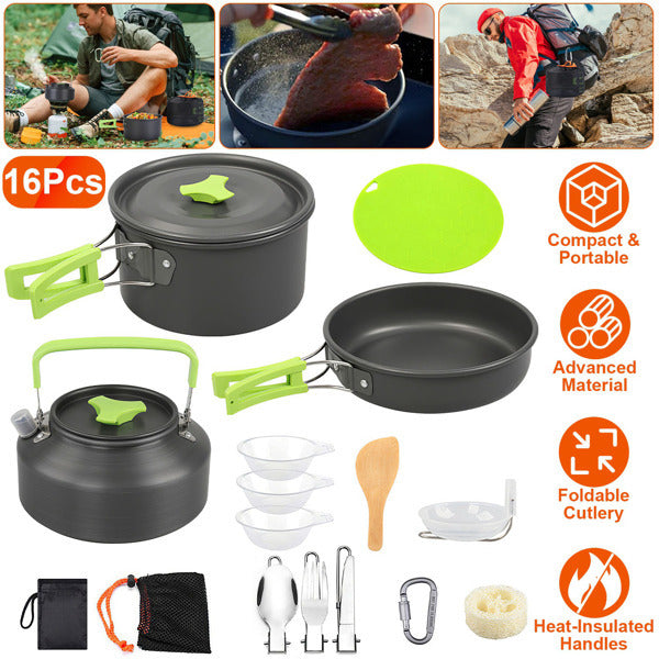 Shopi Vella campfire cookware set for hiking with 16 pieces including pot, pan, kettle, utensils, and foldable handles