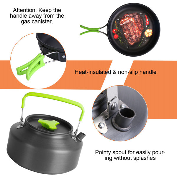 Campfire cookware set for hiking with heat-insulated handle, pointy spout kettle, and non-slip grip