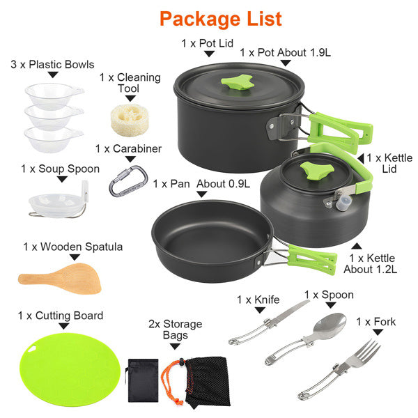 Shopi Vella campfire cookware set for hiking with pot, kettle, pan, utensils, bowls, and storage bags